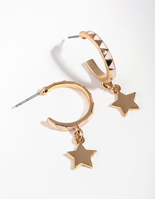 Gold Enamel Zigzag Star Hoop Earrings