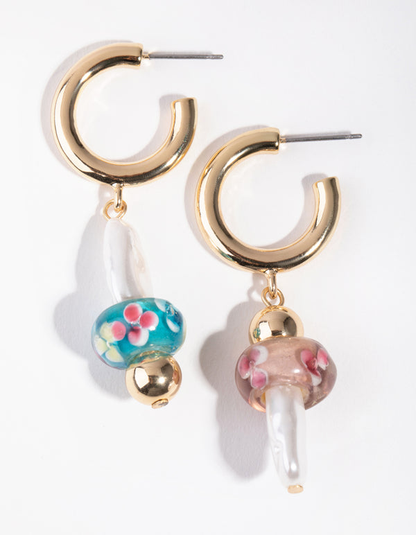 Gold Pearly Mushroom Hoop Earrings