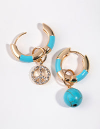 Gold Turquoise Diamante Peace Hoop Earrings - link has visual effect only