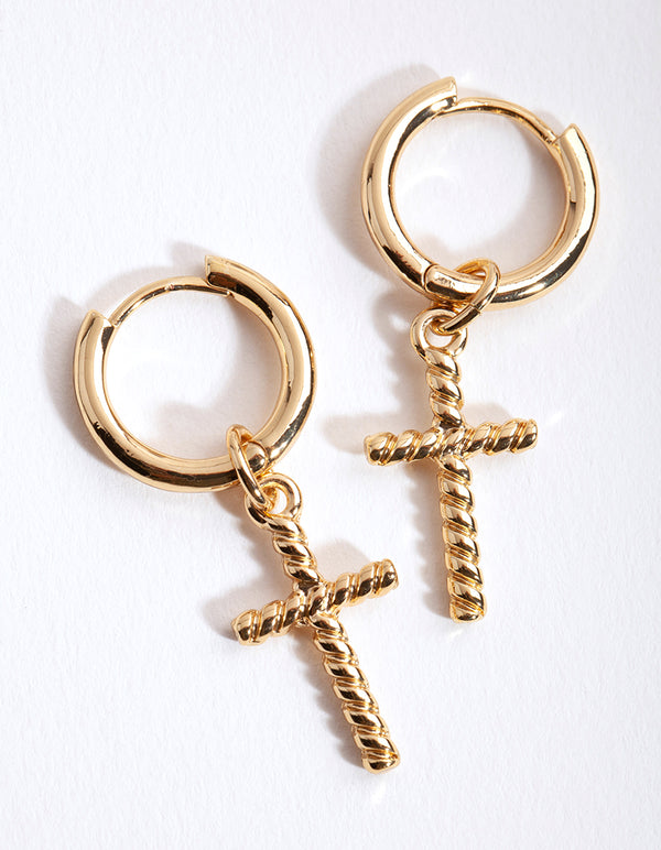 Gold Twist Cross Huggie Earrings