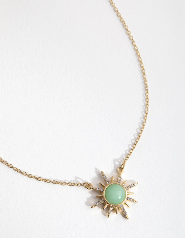 Gold Plated Diamante Semi Precious Jade Sun Necklace