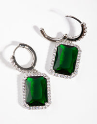 Silver Diamond Simulant Emerald Rectangle Huggie Earrings - link has visual effect only