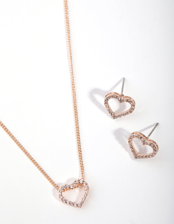 Rose Gold Diamond Simulant Heart Necklace & Earrings Set