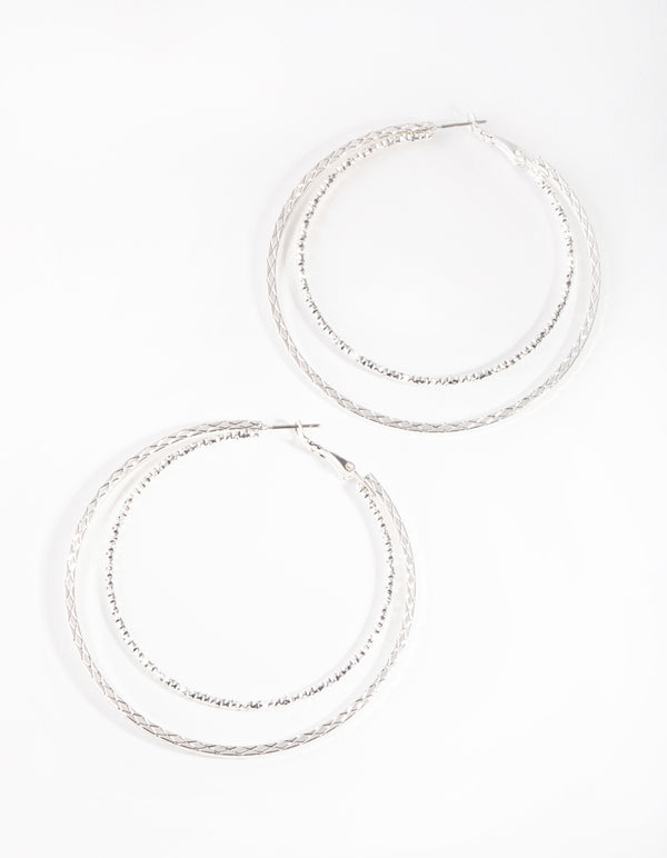 Silver Textured Double Hoop Earrings