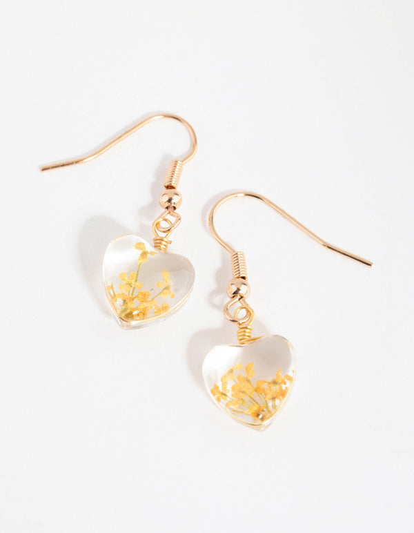 Yellow Heart Clear Bead Drop Earrings