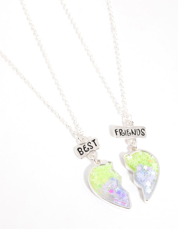 Silver Green Glitter Heart Best Friend Necklace