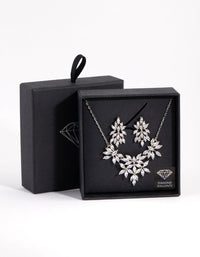 Silver Diamond Simulant Navette Flower Necklace & Earrings Set - link has visual effect only