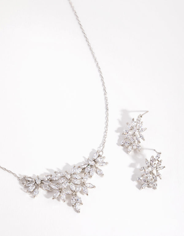 Silver Diamond Simulant Navette Flower Necklace & Earrings Set