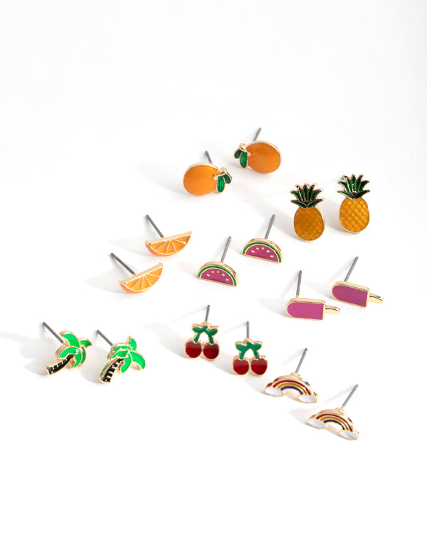 Gold Summer Fruit Enamel 8-Pack Earring