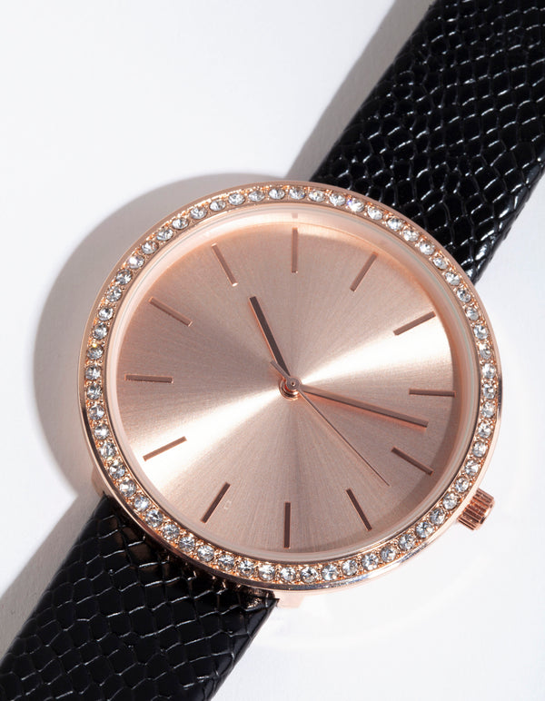 Rose Gold Diamante Snake Strap Watch