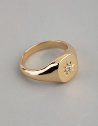 18ct Gold Plated Brass Cubic Zirconia Star Signet Ring - link has visual effect only