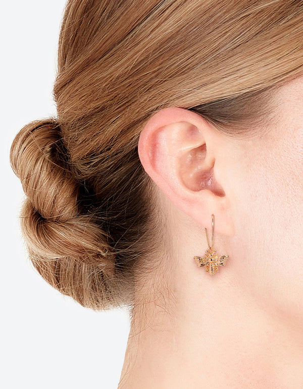 Gold Bee Pendant Huggie Hoop Earrings