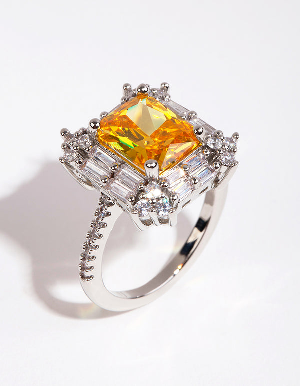 Silver Radiant Citrine Cubic Zirconia Ring