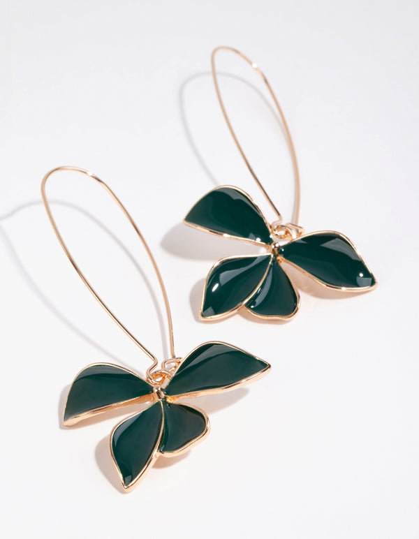 Gold & Green Enamel Flower Fish Hook Earrings