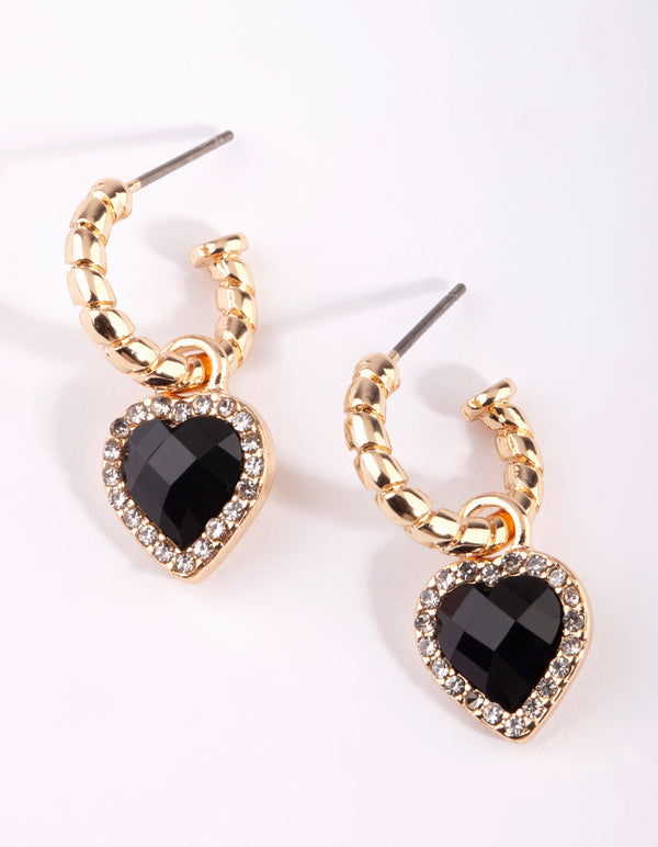 Gold Black Diamante Heart Huggie Earrings