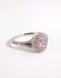 Rhodium Pink Diamond Simulant Oval Halo Ring - link has visual effect only