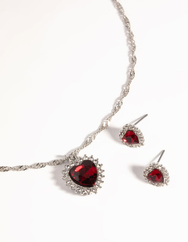 Silver Ruby Heart Necklace & Earring Set