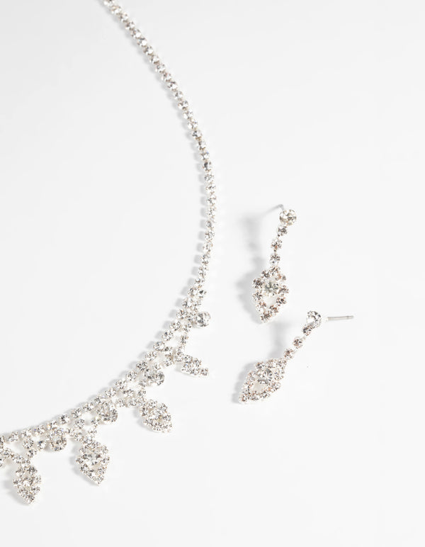 Silver Diamond Simulant Necklace & Earrings Set