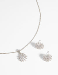 Rhodium Diamond Simulant Floral Necklace & Earrings Set - link has visual effect only