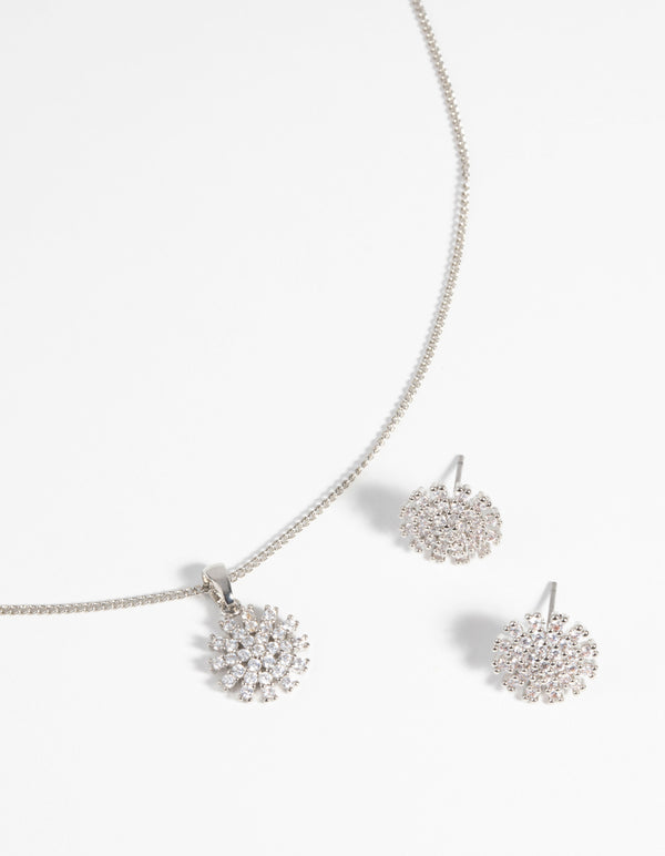 Rhodium Diamond Simulant Floral Necklace & Earrings Set