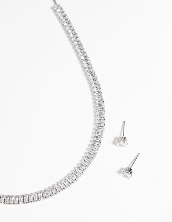 Rhodium Diamond Simulant Baguette Necklace & Earrings Set