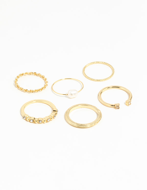 Gold Plated Ring Stack Pack with Freshwater Pearls