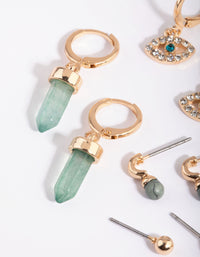 Gold Evil Eye Stack Pack Earrings with Green Fluorite - link has visual effect only