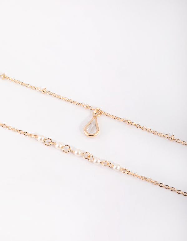 Gold Pearl & Teardrop Diamante Bracelet Set