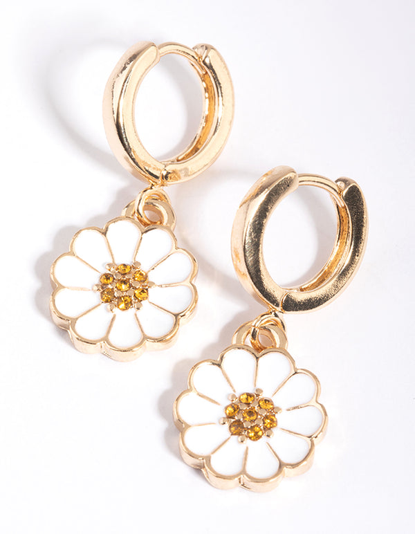 White Daisy Huggie Hoop Earrings