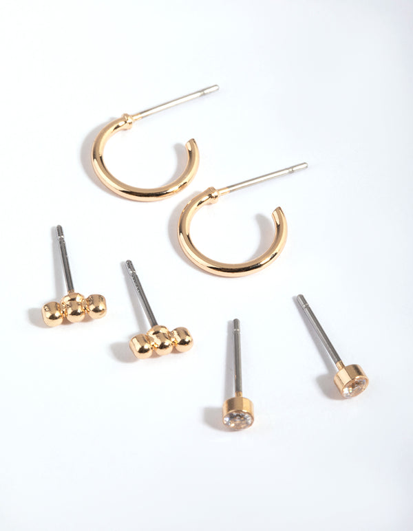 Gold Diamante Stud & Huggie Hoop Earring Stack Pack