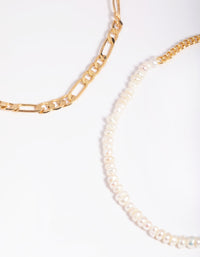 Gold Plated Figaro & Freshwater Pearl Anklet Set - link has visual effect only