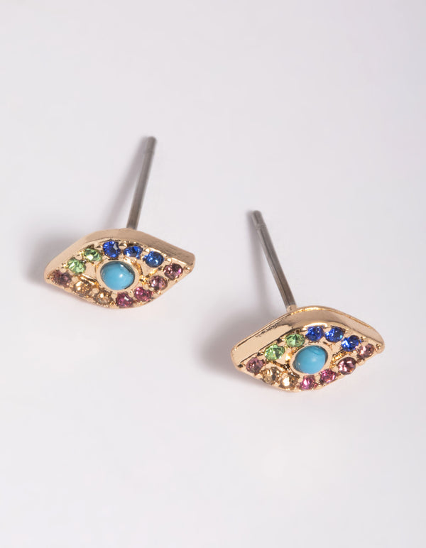 Gold Diamante Evil Eye Stud Earrings