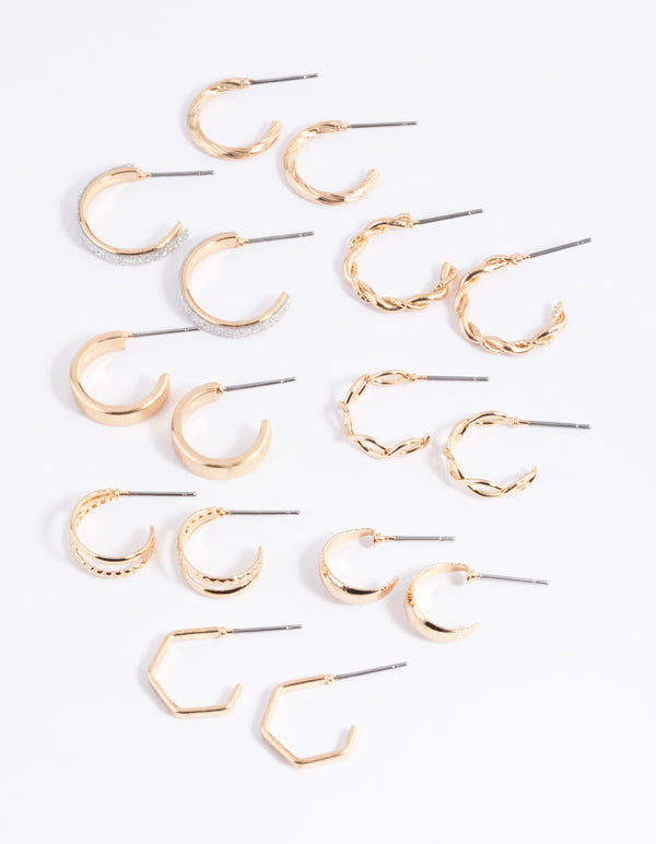 Gold Glittered & Textured Hoop Earring 8-Pack