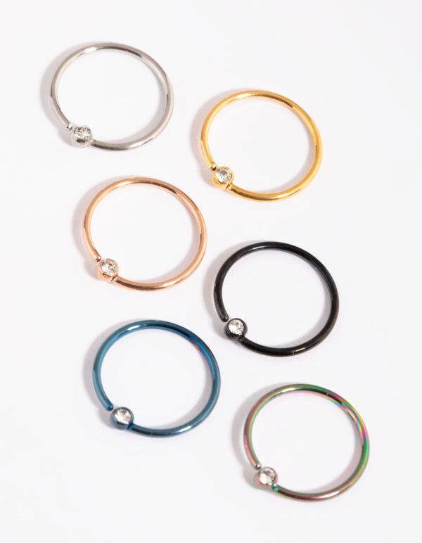 Surgical Steel Rainbow Diamante Nose Ring 6-Pack