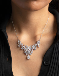 Silver Cubic Zirconia Floral Statement Necklace - link has visual effect only