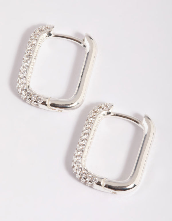 Silver Plated Brass  Cubic Zirconia Rectangular Hoop Earrings