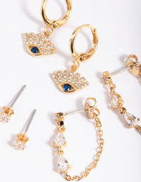 Gold Plated Brass Cubic Zirconia Evil Eye Earring Stack 6-Pack - link has visual effect only