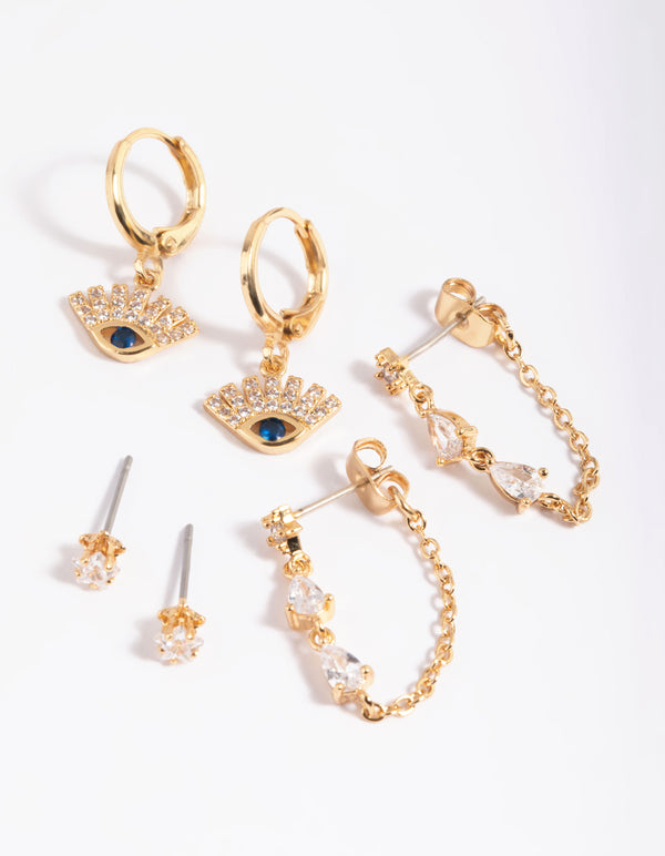 Gold Plated Brass Cubic Zirconia Evil Eye Earring Stack 6-Pack