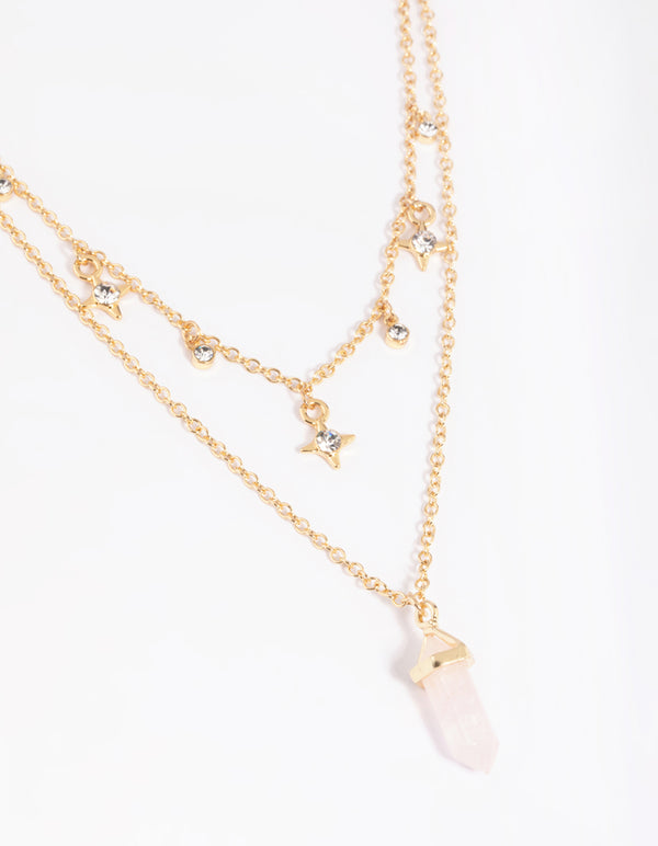 Gold Plated Star & Rose Quartz Layered Necklace