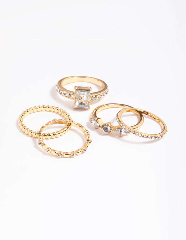 Gold Plated Diamante Shape Ring Stack 5-Pack