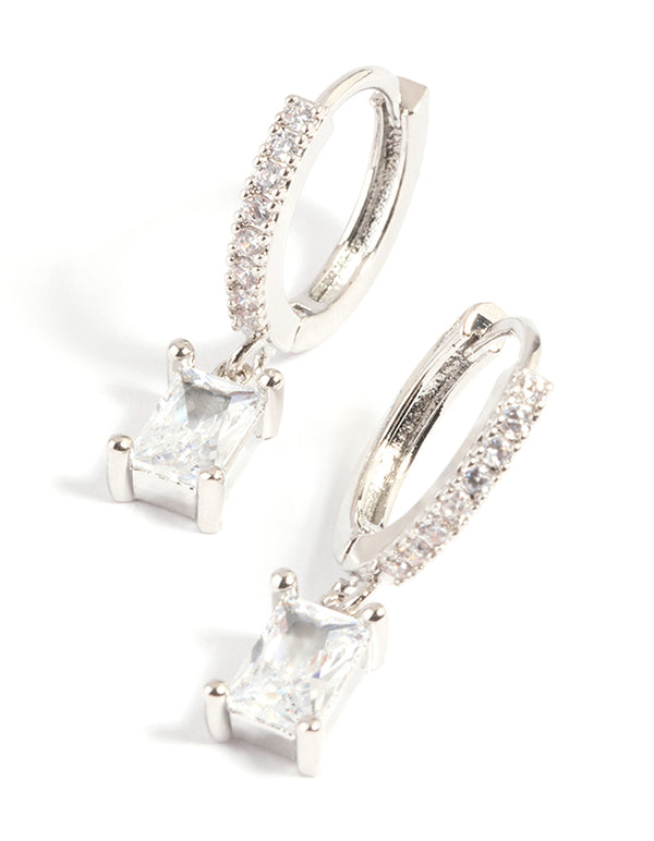 Silver Rectangular Cubic Zirconia Huggie Hoop Earrings