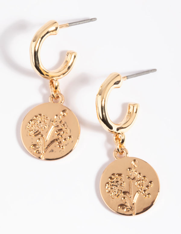 Gold Flower Disc Huggie Hoop Earrings