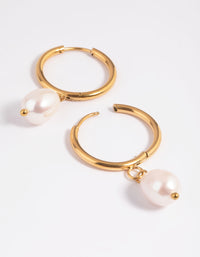 Gold Plated Stainless Steel Freshwater Pearl Thin Huggie Hoop Earrings - link has visual effect only