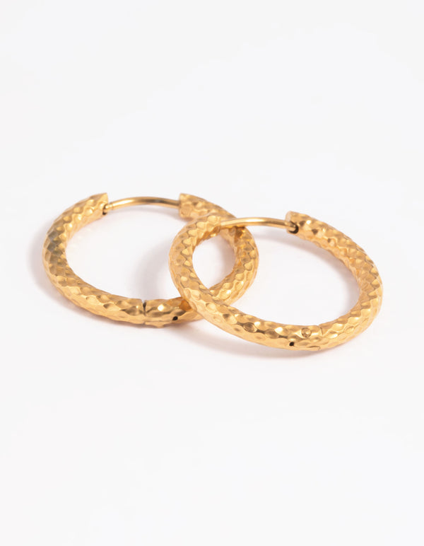 Waterproof Gold Plated Stainless Steel Textured Huggie Hoop Earrings