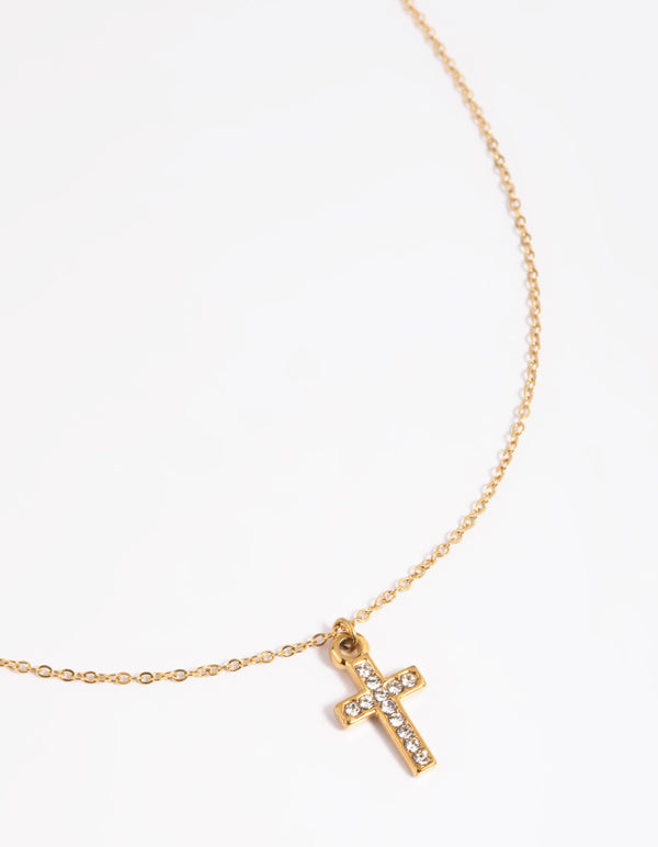 Waterproof Gold Plated Waterproof Stainless Steel Cubic Zirconia Cross Necklace