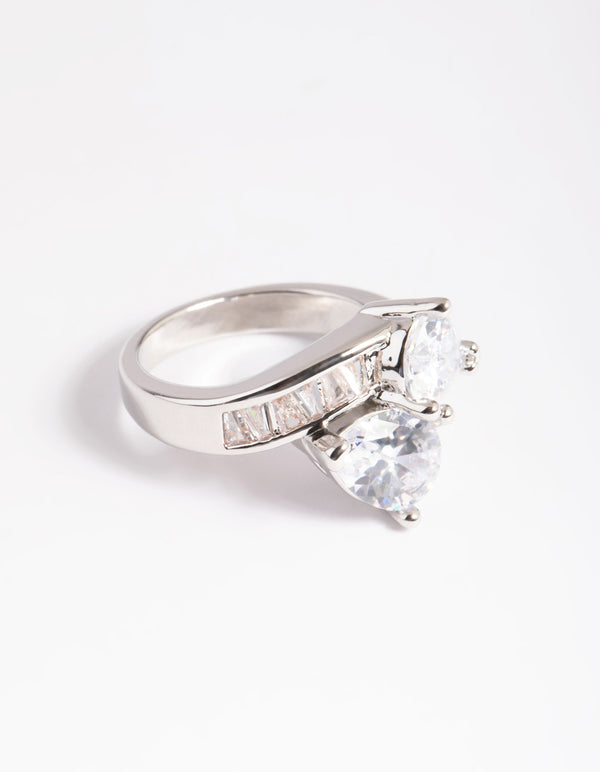 Rhodium Cubic Zirconia Pear Cross Over Ring