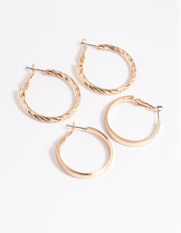 Gold Wide Textured Hoop Earring Set