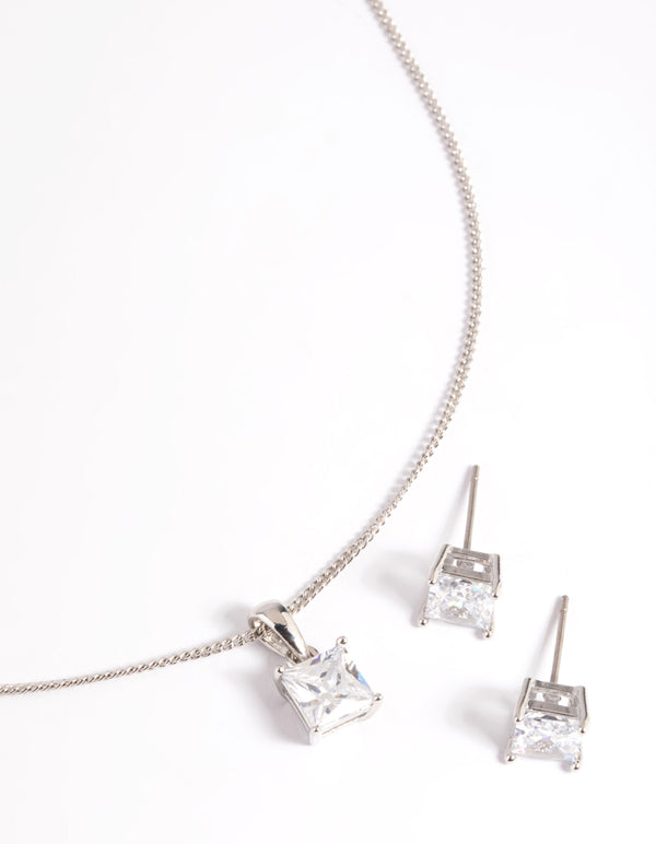 Silver Diamond Simulant Square Necklace & Earrings Set