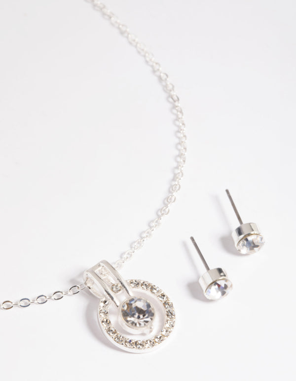 Silver Diamante Round Necklace & Earrings Set