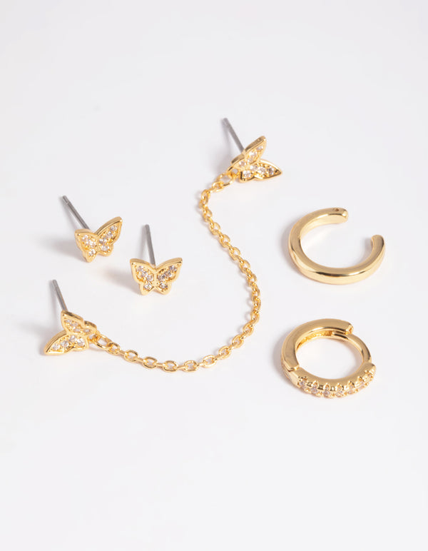 Gold Plated Brass Butterfly Chain Earring Stack 6-Pack